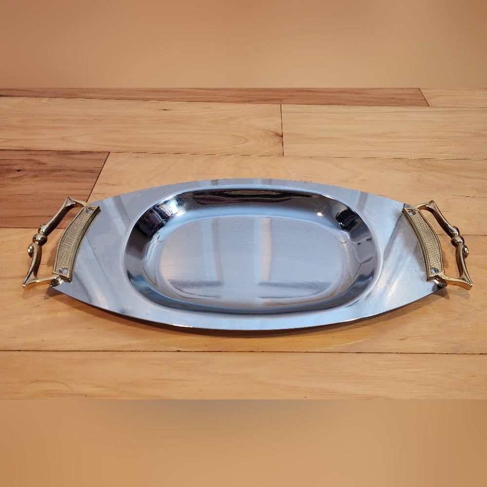 Kromex Made Is U.S.A Silver Serving Tray with Gold Handles